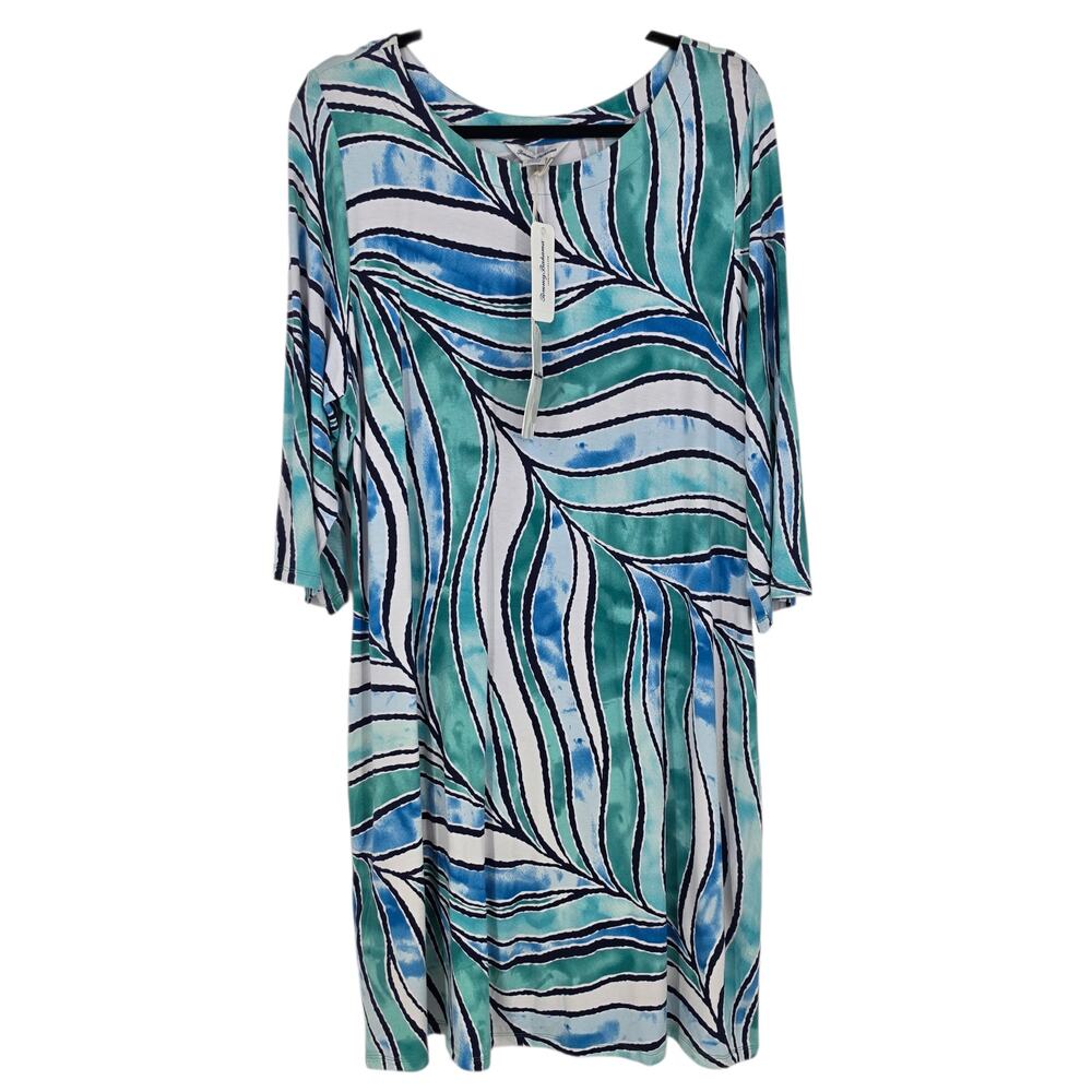 NWT Tommy Bahama Deep Sea Teal Leaf Print Batiki Tiki 3/4 Sleeve Dress Size XL
